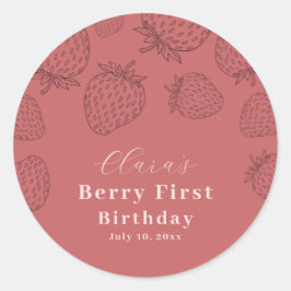 Adesivo Redondo Primeiro Aniversário do Morango Pink Handrawing