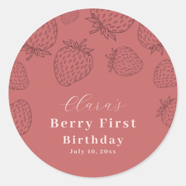 Adesivo Redondo Primeiro Aniversário do Morango Pink Handrawing (Frente)