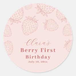 Adesivo Redondo Primeiro Aniversário do Morango Pink Handrawing