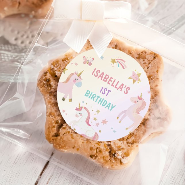 Adesivo Redondo Primeiro Aniversário do Unicorn Rainbow Pastel (Criador carregado)
