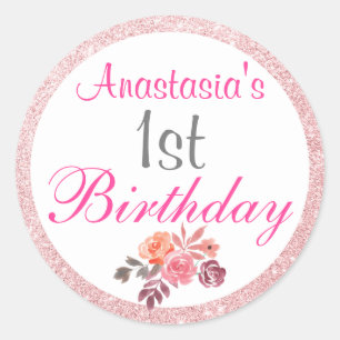 Adesivo Redondo primeiro aniversario Dourado Brilhante Rosa Rosa C