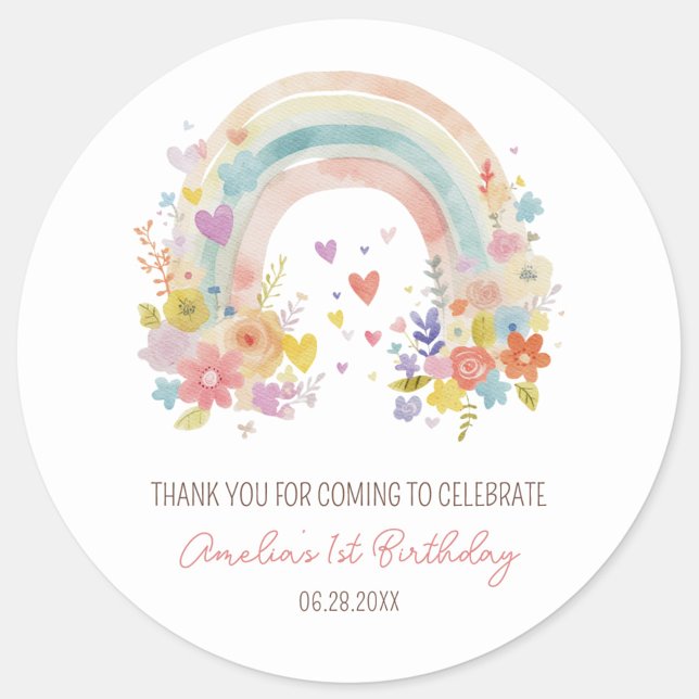 Adesivo Redondo Primeiro aniversario Floral Arco-Íris Pink Pastel (Boho rainbow birthday stickers, 1st birthday thank you labels, pastel floral favor stickers)
