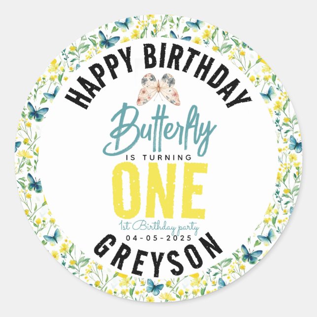 Adesivo Redondo Primeiro aniversario Floral de Borboleta Whimsic (Frente)