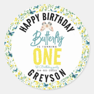 Adesivo Redondo Primeiro aniversario Floral de Borboleta Whimsic