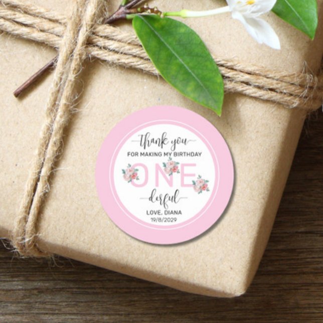 Adesivo Redondo Primeiro aniversario Floral Rosa (Criador carregado)