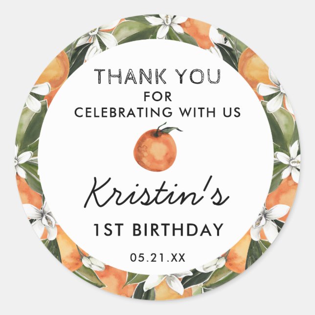 Adesivo Redondo Primeiro aniversario Laranja Cutie - Obrigado (Frente)