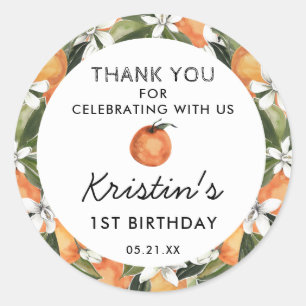 Adesivo Redondo Primeiro aniversario Laranja Cutie - Obrigado
