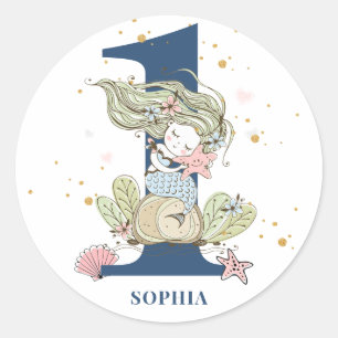 Adesivo Redondo Primeiro aniversario Mermaid Watercolor
