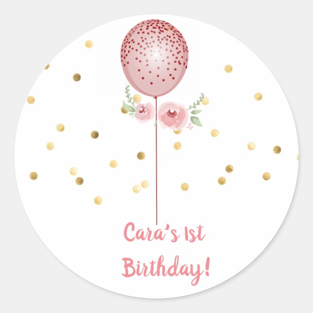 Adesivo Redondo Primeiro Aniversário - Pink e vinhetas de balão Do (Frente)