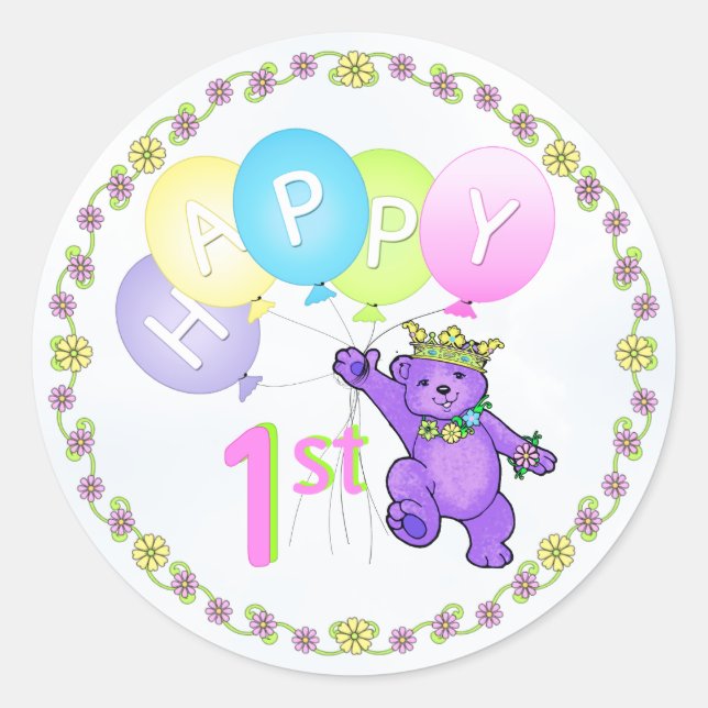 Adesivo Redondo primeiro aniversario Princess Bear Happy (Frente)