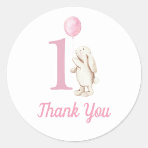Adesivo Redondo primeiro aniversario Rosa Bunny & Balloon Obrigado
