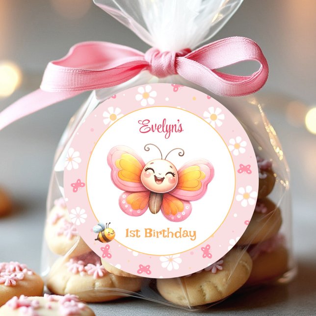 Adesivo Redondo Primeiro aniversario Rosa Rosa-Butterfly (Cute Butterfly Pink Floral Girl 1st Birthday Classic Round Sticker)