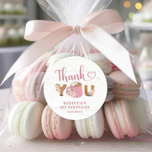 Adesivo Redondo Primeiro aniversario Rosa S'more Garota Obrigado S