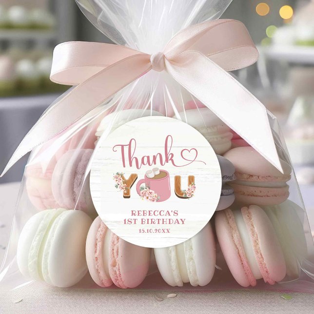 Adesivo Redondo Primeiro aniversario Rosa S'more Garota Obrigado S (Criador carregado)