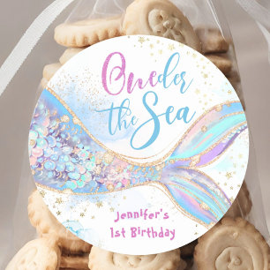 Adesivo Redondo Primeiro aniversario Sereia Abaixo Do Mar Azul