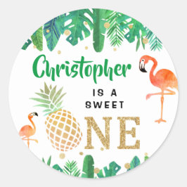 Adesivo Redondo Primeiro aniversario Tropical Summer Beach Luau Bo