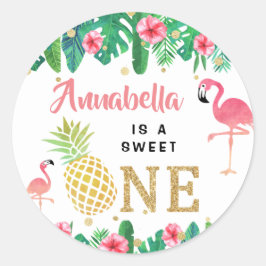 Adesivo Redondo Primeiro aniversario Tropical Summer Beach Luau Gi
