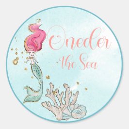 Adesivo Redondo Primeiro Aniversário Um Pó do Mar Sereia Aniversár