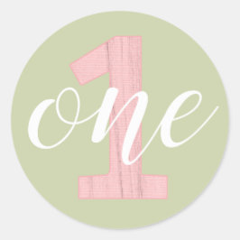 Adesivo Redondo primeiro aniversario Um Sage Madeira Verde e Rosa