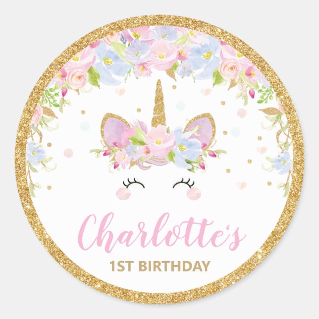 Adesivo Redondo Primeiro aniversario Unicorn Obrigado Favorecer Et (Frente)