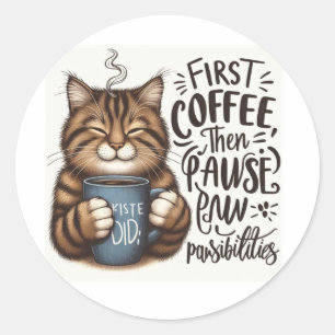 Adesivo Redondo Primeiro Café E Pawsibabilities Gato Do Vedante