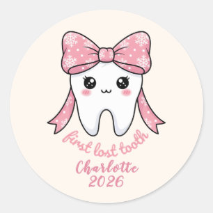 Adesivo Redondo Primeiro Dente de Bebê Laço Rosa Kawaii Milestone