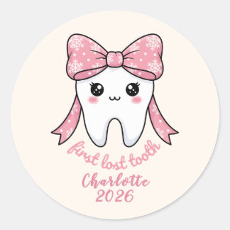 Adesivo Redondo Primeiro Dente de Bebê Laço Rosa Kawaii Milestone