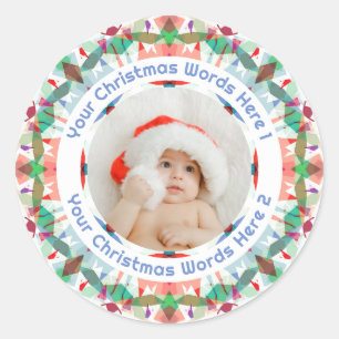 Adesivo Redondo Primeiro Envelope de Foto Verde Rosa Azul de Natal