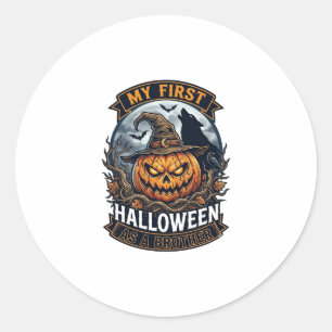 Adesivo Redondo Primeiro Halloween como Irmão Pumpkin Wolf Moon_1