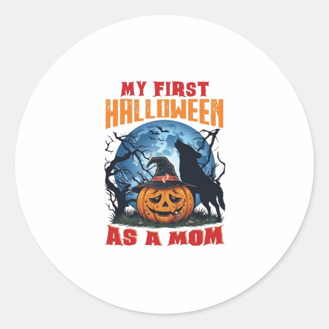 Adesivo Redondo Primeiro Halloween Como Mãe Abóbora Lobo Lua_1 (Frente)