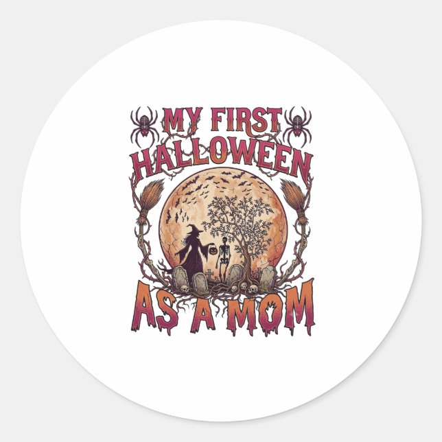 Adesivo Redondo Primeiro Halloween Como Mãe Bruxa Esqueleto Lua_1 (Frente)