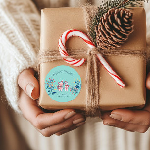 Adesivo Redondo Primeiro Natal do Bebê porquinho e urso fofos