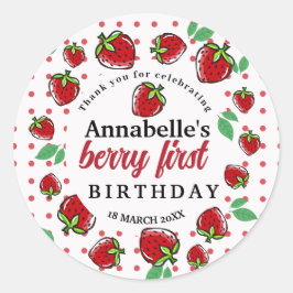 Adesivo Redondo Primeiro primeiro aniversario do Strawberry Berry
