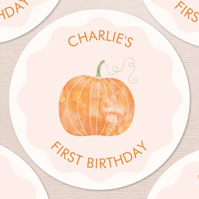 Adesivo Redondo Primeiro primeiro aniversario Personalizado de out (Cute watercolor pumpkin autumn fall personalized first birthday stickers)