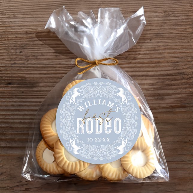 Adesivo Redondo Primeiro primeiro aniversario Rodeo - Azul Claro O (Birthday Favor Sticker)