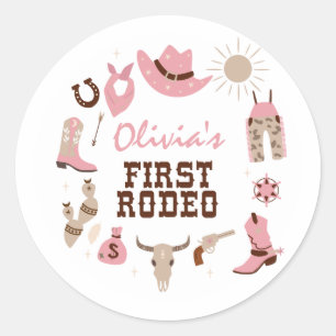 Adesivo Redondo Primeiro Rodeio Rosa Caubói Ocidental Aniversário 