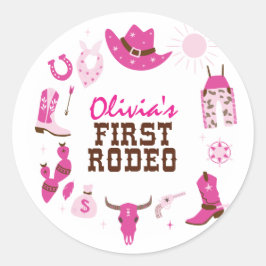 Adesivo Redondo Primeiro Rodeio Rosa Caubói Ocidental Aniversário 