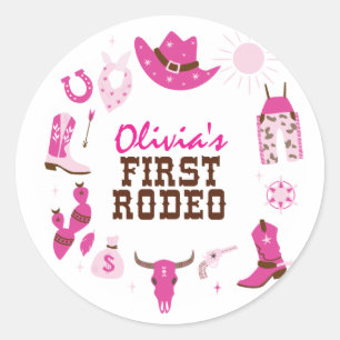 Adesivo Redondo Primeiro Rodeio Rosa Caubói Ocidental Aniversário 