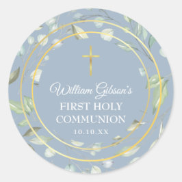 Adesivo Redondo  Primeiro Sagrado Comunhão Verde Dourado Cruz Azul