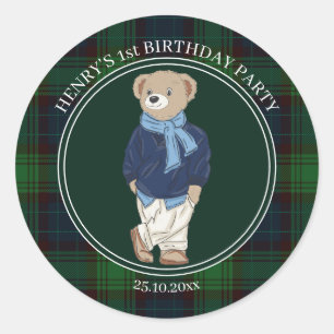 Adesivo Redondo Primeiro ursinho Beary urso verde xadrez favor de 