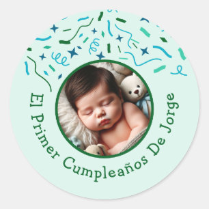 Adesivo Redondo Primer Cumpleaños de Bebé Fiesta Infantil Con Foto