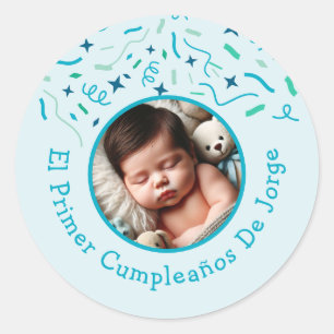 Adesivo Redondo Primer Cumpleaños de Bebé Fiesta Infantil Con Foto