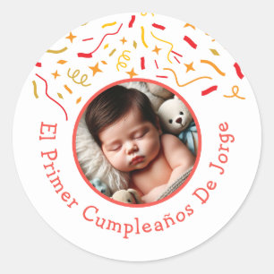 Adesivo Redondo Primer Cumpleaños de Bebé Fiesta Infantil Con Foto
