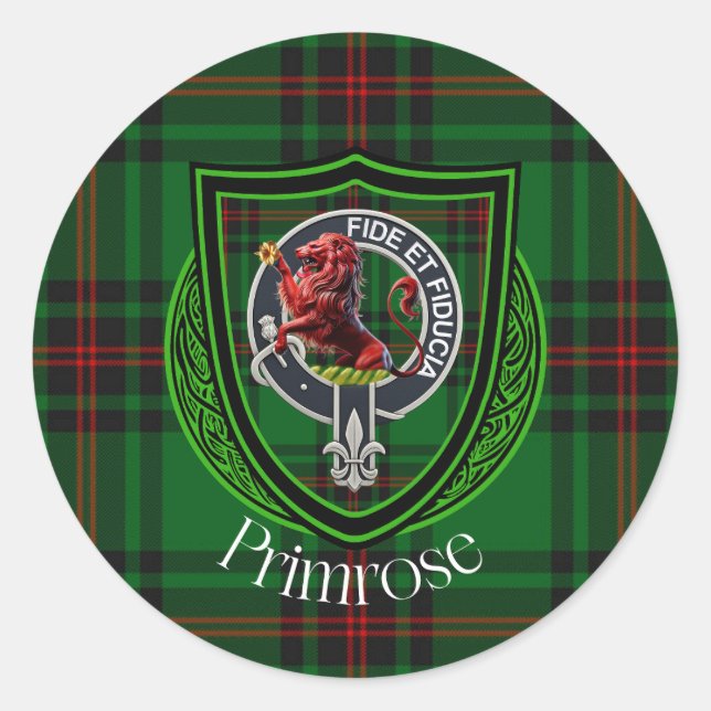 Adesivo Redondo Primrose Scottish Clan Tartan & Crest (Frente)