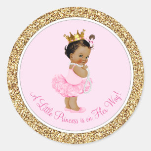 Adesivo Redondo Princesa Bailarina Étnica Rosa Dourado Chá de Bebê