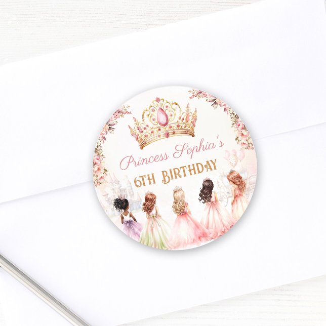 Adesivo Redondo Princesa Coroa Rosa Dourada Garota Floral Aniversá (Princess Crown Pink Gold Floral Girl Birthday Classic Round Sticker)