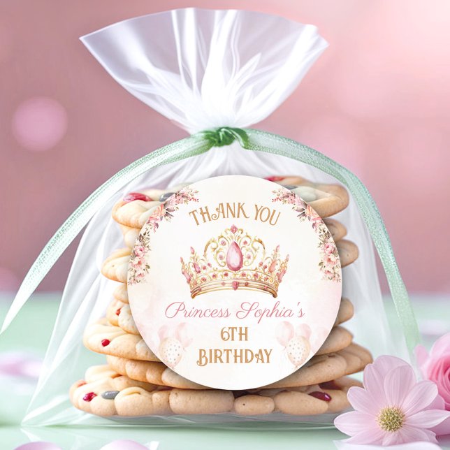 Adesivo Redondo Princesa Coroa Rosa Floral Favor de Aniversário (Princess Crown Pink Floral Girl Birthday Favor Classic Round Sticker)