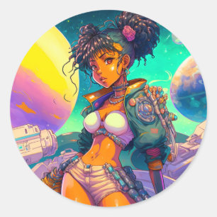Adesivo Redondo Princesa Espacial de Manga de Anime Retro
