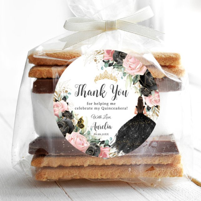 Adesivo Redondo Princesa Floral Rosa Negra, Vestido Dourado Quince (Criador carregado)