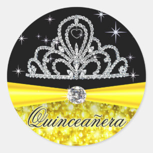Adesivo Redondo Princesa preta amarela Tiara Quinceanera Bling